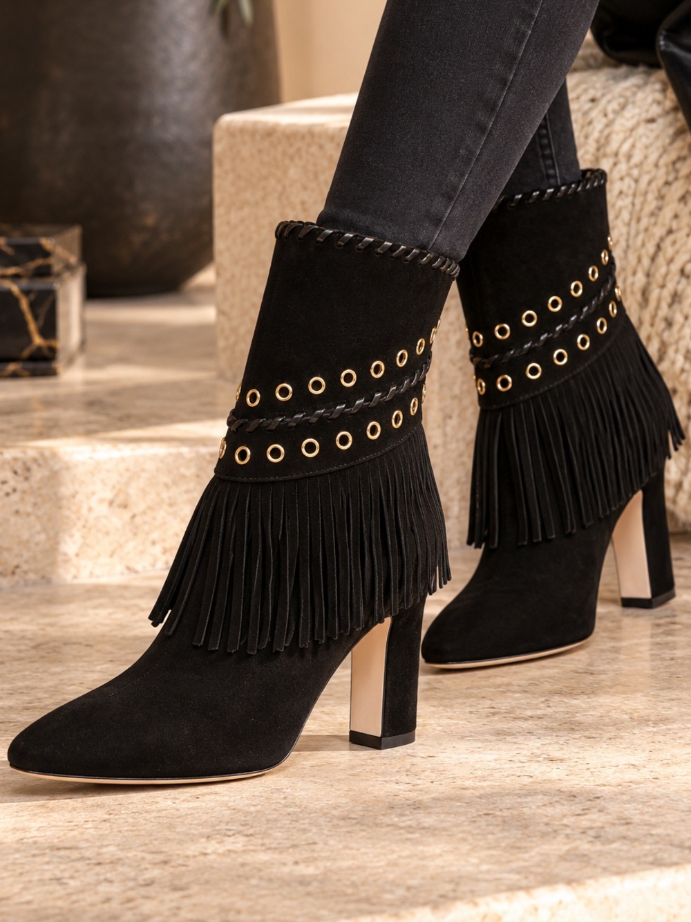 Tamara Mellon Black Suede Fringe Trim Accent Boots w/ Gold Grommets Size 6